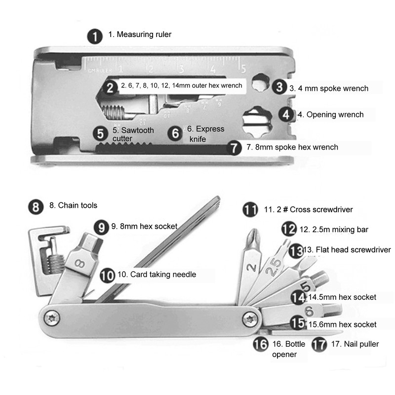 Bike Multi Tool Stainless Steel 17 in 1 Multi Function