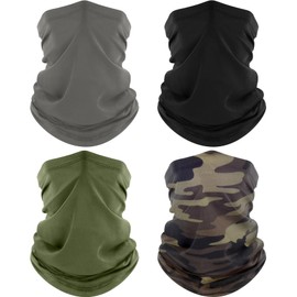 ROXUN 4 Pack Neck Gaiter, Cooling Breathable Face Mask UV Protection Scarf Hiking Bandana for Men/Women Black+Gray+Army Green+Camo