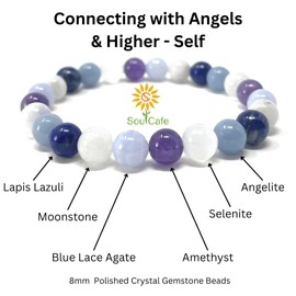 Connecting with Angels Bracelet - Stretch Gemstone Bracelet - Soul Cafe Gift Box & Tag - Angelite, Selenite, Lapis Lazuli, Moonstone, Amethyst, Blue Lace Agate