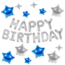 CANREVEL Happy Birthday Banner 13pcs 16 Inch Mylar Foil Letters with 12pcs Star Balloons Birthday Party Decorations for Kids and Adults - 3D Silver Blue