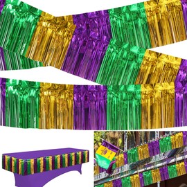 3pcs Mardi Gras Metallic Plastic Fringe Drape,Gold Green Purple Mardi Gras Foil Fringe Garland Metallic Tassle Banner for Sidewalk Awnings Street Festivals Parade Float Decorations Party Supplies