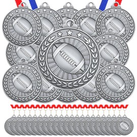 Remuuly 60 Pcs Gold Award Medals 2 Inch Soccer Baseball Volleyball Football Cheer Trophy Medals Metal Awards Bulk with Neck Ribbons Trophy Prize Gifts for Sports Competitions (Silver Football)
