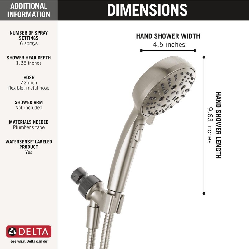 Delta Faucet 6-Spray H2Okinetic Handheld Shower Head with Hose, Brushed