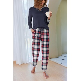 Ekouaer Pajamas Women’s Long Sleeve Sleepwear Christmas Plaid Lounge Sets Winter Pjs With Pockets Blue Plaid,XX-Large