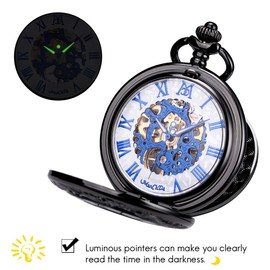 ManChDa Mechanical Roman Numerals Dial Skeleton Pocket Watches with Box and Chains for Mens Women (5.Black case+White Dial + Blue)