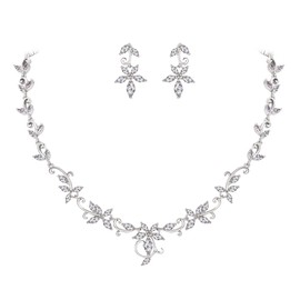 BriLove Wedding Jewellery Set for Bride Bridesmaids Marquise CZ Flower Leaf Vine Filigree Necklace Earrings Clear Silver-Tone