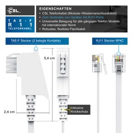 CSL Telephone Cable TAE-F Male to RJ11 Plug - Int. Standard 6P4C / 4-Pin Connected - Flat Cable - from Analogue Telephone Socket to Telephone Fax Modem Router Answering Machine 2 m White