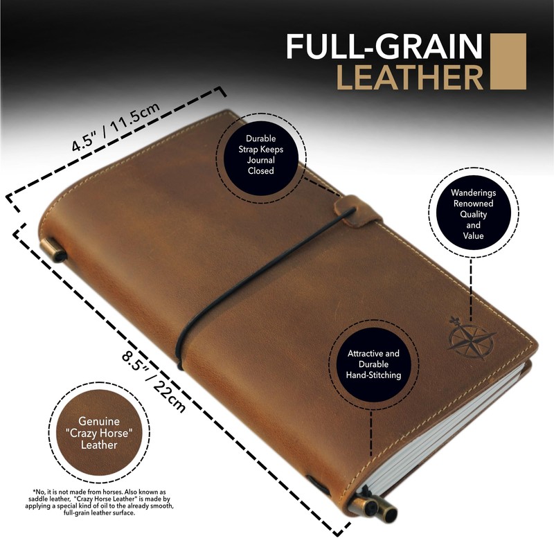 WANDERINGS Leather Notebook with Pockets, 22x11.5cm - Refillable Travel Journal