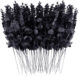 FEQO 72 Pcs Black Eucalyptus Stems Artificial Leaves Faux Eucalyptus Stems Branches 15 inch for Wedding Bouquet Home Decor