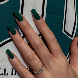 KXAMELIE Matte Dark Green Coffin Nails - Medium Press-Ons, Reusable Set of 24 Thick Fake Nails for Women