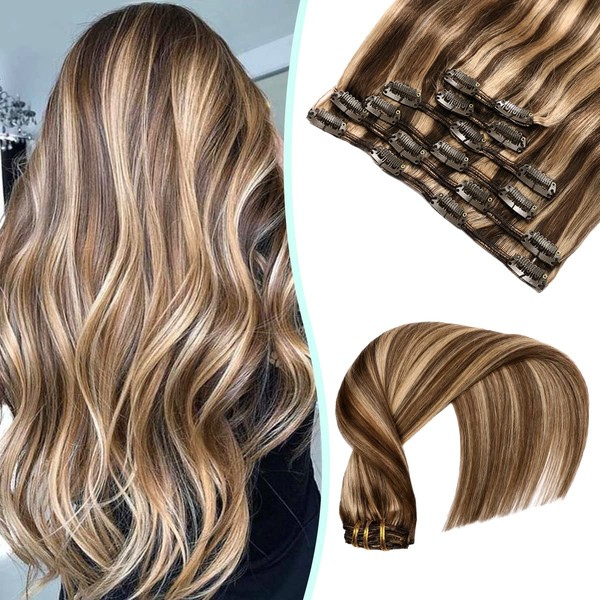 VINBAO Extensions Clip in Hair 22inch 120g Human Hair Clip in Extensions for Women Double Weft Hair Color 4 Chocolate Brown Highlight with 27 Caramel Blonde Extensions Straight Natural Hair (#4P27-22Inch)