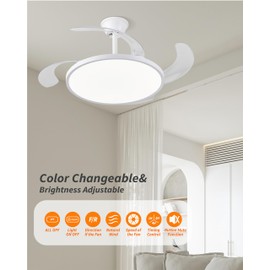 Retractable Ceiling Fans with Lights,42 inch Ceiling Fan with Light and Remote Control,Flush Mount,DC Reversible,3CCT,Low Noise,White Ceiling Fan for Bedroom,Living Room,Kitchen,Indoor Use