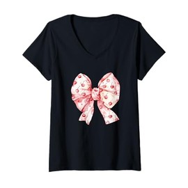 Womens Pink Coquette Cherries Bows Aesthetic Cute Vintage Girlycore V-Neck T-Shirt