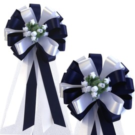Navy Blue and White Wedding Pull Bows with Tulle Tails and Rosebuds - 8" Wide, Set of 6, Wedding Pew Bows, Aisle Decoration. Reception, Anniversary