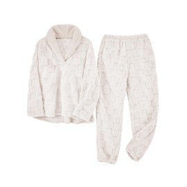 AMEBELLE Pajamas for Women Set Winter Plush Thermal Flannel 2 Piece Lounge Set Women Soft Sleepwear with Pockets (3033-Beige-L)