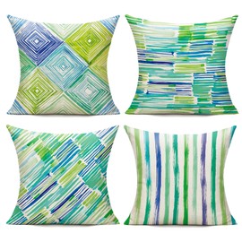 WOKANI Green Outdoor Throw Pillow Covers 20X20 Set of 4 Blue Couch Patio Furniture Bench Geometric Striped Square Indoor Decorative Cushion Cases Abstract Modern Home Decor for Bedroom Sofa Porch