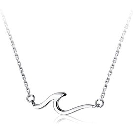 IMINI Ocean Wave Necklace for Women Teen Girls 925 Sterling Silver 18K White Gold Plated Minimalist Line Pendant Choker Necklace Adjustable Chain 18" Sea Beach Summer Jewelry Gifts for Surfer Lover