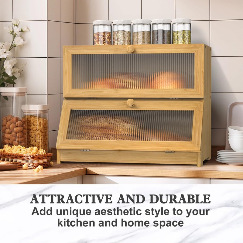 LOHASOK Bread Box for Kitchen Countertop: 2-Tier Bamboo Large Bread