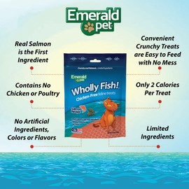 Emerald Pet Wholly Fish! Chicken-Free Feline Treats, Salmon Recipe — Tasty and Crunchy Salmon Cat Treats — Chicken-Free, Grain Free, Natural Cat Treats — Made in USA, 3 oz