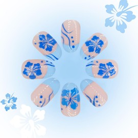 Short Oval Press on Nails French Tip Blue Fake Nails Floral Nails Press on with Hibiscus Designs Summer Nails Glue on Cute Acrylic Nails for Women Girls 24Pcs