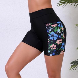 Halcurt Women's 5" High Waisted Swim Shorts Swimsuit Bottoms Boy Shorts with Pocket Black Floral L