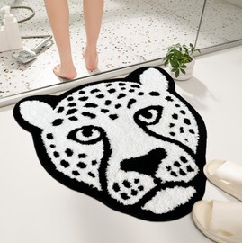 Feblilac Black White Leopard Bathroom Rug, Yin Yang Round Bath Rug, Cute Lovely Animals Bathroom Mat, Washable Microfiber Non-Slip Mats for Indoor Living Room Fast Dry Rugs