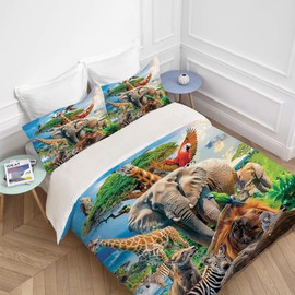 Funny Animals Bedding Set 3 Pieces Soft Lightweight Microfiber Zoo Print Bedspread Coverlet Set Jungle Elephant Giraffe Duvet Cover Twin Full Queen King Comforter Bed Set for Girls Boy Women Men