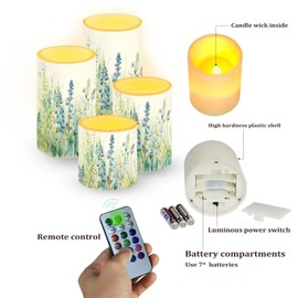 NETILGEN Flameless Candles Battery Powered LED Candles with Remote Timer Color Changing Control for Indoor Outdoor Home Table Beach Wedding Decoration Set of 4, Blue Green Floral