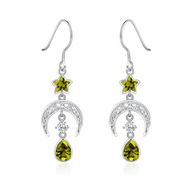 Qings August Peridot Geburtsstein Ohrringe für Damen 925 Sterling Silber Keltische Mond und Stern Tropfen Ohrringe mit Ovalen Zirkonia Geburtstags Schmuckgeschenke für Familie und Freunde