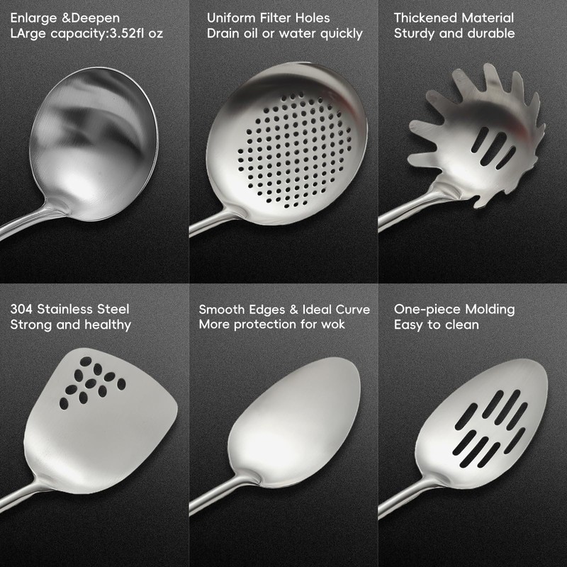 Stainless Steel Kitchen Utensils Set with Wood Handle, 18/10 Metal