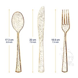 Juego de Cubiertos Premium Reutilizables, 180 piezas Transparentes con Glitter Dorado. Contiene 60 tenedores, 60 cuchillos y 60 cucharas. Elegantes, P
