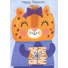 Designer Greetings Large Smiling Kitten with Closed Eyes, Pink Bow and Holding Matzah Juvenile Passover Card for Young Girl