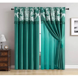 Chezmoi Collection Royale 4-Piece Jacquard Floral Window Curtain/Drape Set with Sheer Backing Valance Tassels, Green/Silver
