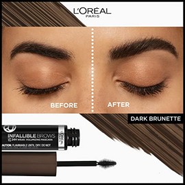 L'Oreal Paris Infallible Volumizing 24H Wear Máscara para cejas, maquillaje de cejas de larga duración para cejas 2 veces más completas, 4.0 castaño o