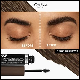 L'Oreal Paris Infallible Volumizing 24H Wear Máscara para cejas, maquillaje de cejas de larga duración para cejas 2 veces más completas, 4.0 castaño o