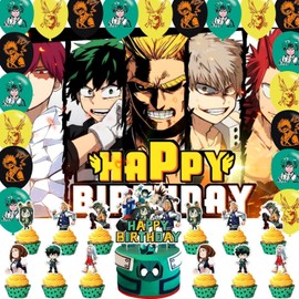 Academia of My Hero Birthday Party Backdrop, Decoration, Banner, Photo Backgrounds Props - 5ft x 3ft, Yellow, Cotton, Polyester, Includes 18 Pcs Balloons & Cupcake Toppers