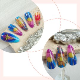 Medium Almond Press on Nails Fake Nails with Colorful Stained Window Glass Designs Flower Gothic Gorgeous Stick on Nails for Women 24Pcs Full Kit with Jelly Glue & Tools (P-18, M-18)