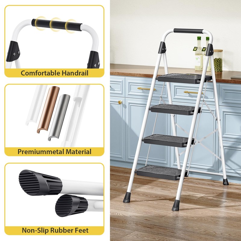 KINGRACK Sturdy Steel 4 Step Ladder, Folding Step Stool with