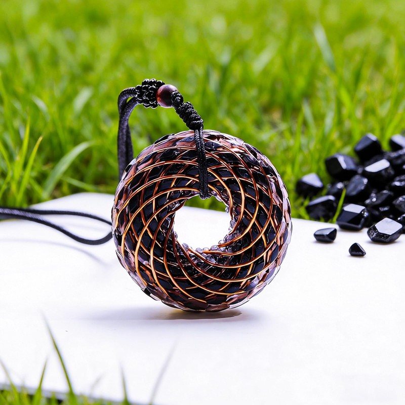 Tan Ran Black Tourmaline Orgonite Rodin Coil Pendant Necklace