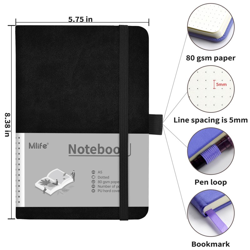 Mlife A5 Bullet Dotted Journal Notebook, College Ruled Notebook, 192