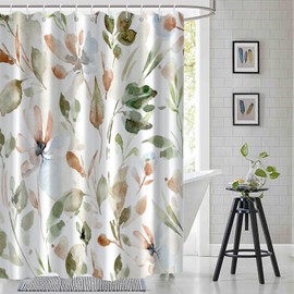 Ruelvth Floral Shower Curtain, Spring Sage Green and Pink Flower Shower Curtain for Bathroom Watercolor Botanical Shower Curtain Set with Hooks, 72x72 Inch