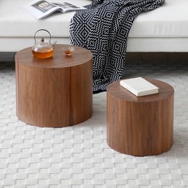 18" Wood Nesting Coffee Table Set of 2, Modern Round Coffee Table with Non-Slip Feet, Wooden Circle Side Table and Accent Furniture for Bedroom Balcony Lounge Home Office, No Assembling