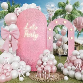 Jobkoo Outdoor Arch Backdrop Stand, 6.6FT+5.5FT Pink Backdrop Arch Stand Frame with Lights, 2 Set Round Top Arch Photo Booth Background for Girls Birthday Wedding Baby Shower Valentines Party Decor