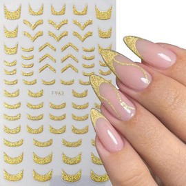Vezocim French Line Nail Art Stickers Decals, 15 Sheets Holographic 3D Nail Self-Adhesive Sticker Designs, Gold Silver White Glitter Wavy Line Nail Transfer Decal for Women Manicure Bling Decorations