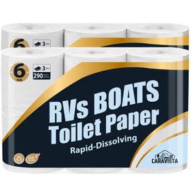Caravista RV Camping Toilet Paper - 12 Rolls Rapid-Dissolve Marine & Trailer Septic Safe Tissue - Biodegradable 3-Ply 290 Sheets Bath Tissue for Marine, Travel, and Camper Systems