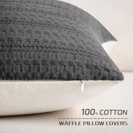 ZeeMart 100% Cotton Waffle Textured Lumbar Throw Pillow Covers Set of 2, 12x20 Inch Charcoal, Soft Farmhouse Decorative Couch Pillow Cases Dark Grey Cushion Covers for Sofa Bed Living Room Home Decor