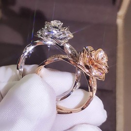 JESMING 3D Rose Ring CZ Simulated Diamond Ring Rose Gold Ring Rose Flower Ring for Women (Silver,7)