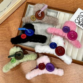 Trendy Autumn/Winter Button Contrast Claw Clip - Internet Popular Style One Size/Light Pink Button Plush Claw Clip 20ea
