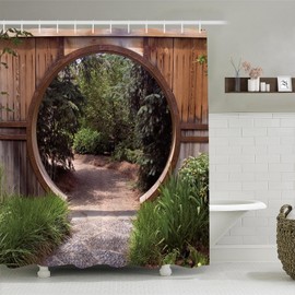 Simpomsy Japanese Shower Curtain Outdoor, Shower Curtain for Garden Decoration, Circle Rustic Doorway Gate Scenery Waterproof Bathroom Curtain with 12 Hooks 200x180cm