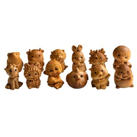 Luwecf 12Pcs Wood Carving Animal Statue Feng Shui Chinese Animal Sculptures Chinese DIY Craft Ornament